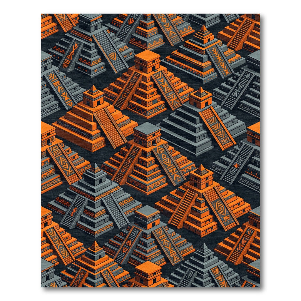 Isometric Orange and Gray Temple Pyramid Rug