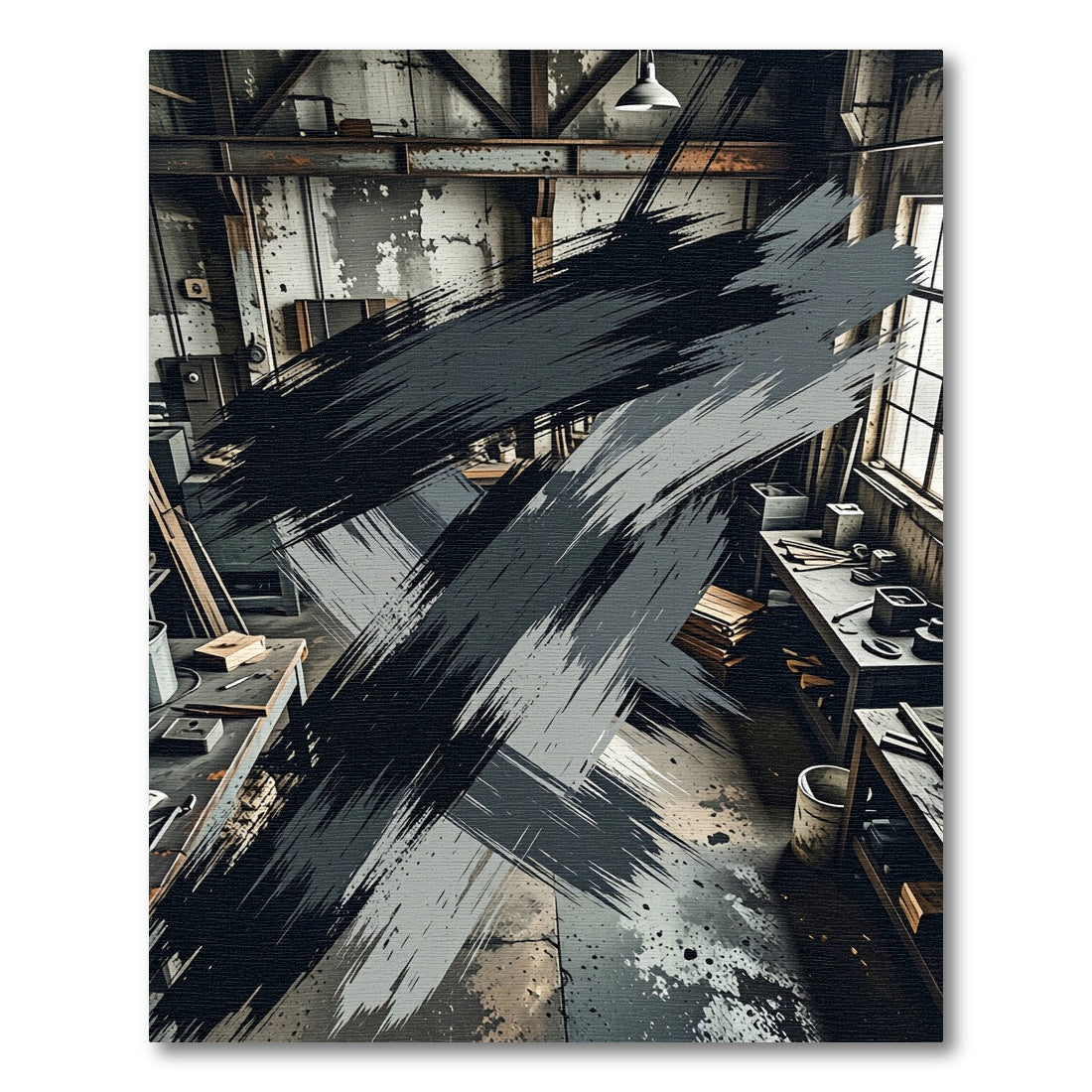 Abstract Charcoal Brush Stroke Ink Rug
