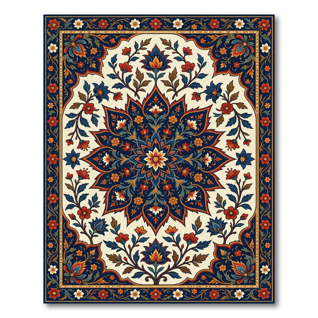 Deep Blue Floral Medallion Garden Rug