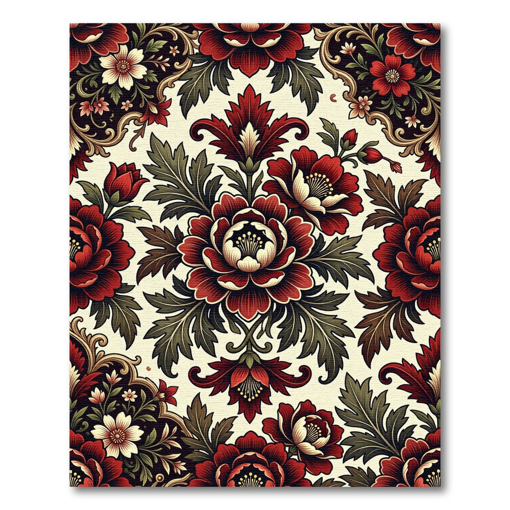 Rich Crimson Floral Damask Rug