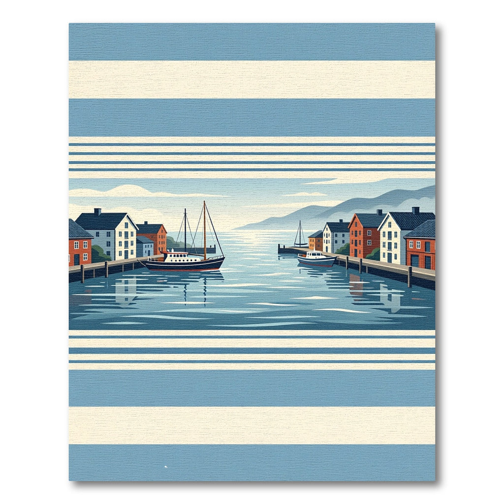 Coastal Harbor Scene with Blue Stripes Rug