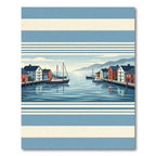 Coastal Harbor Scene with Blue Stripes Rug