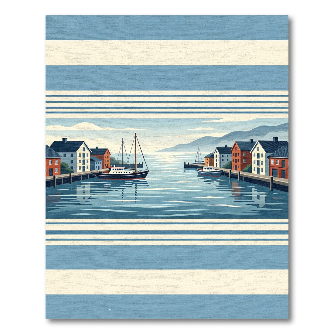 Coastal Harbor Scene with Blue Stripes Rug