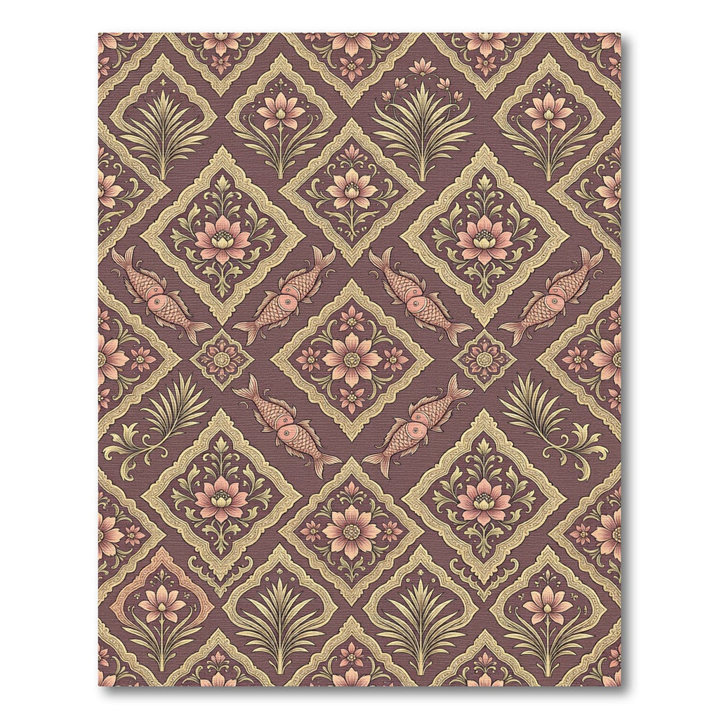 Burgundy Pink Gold Fish Floral Medallion Rug