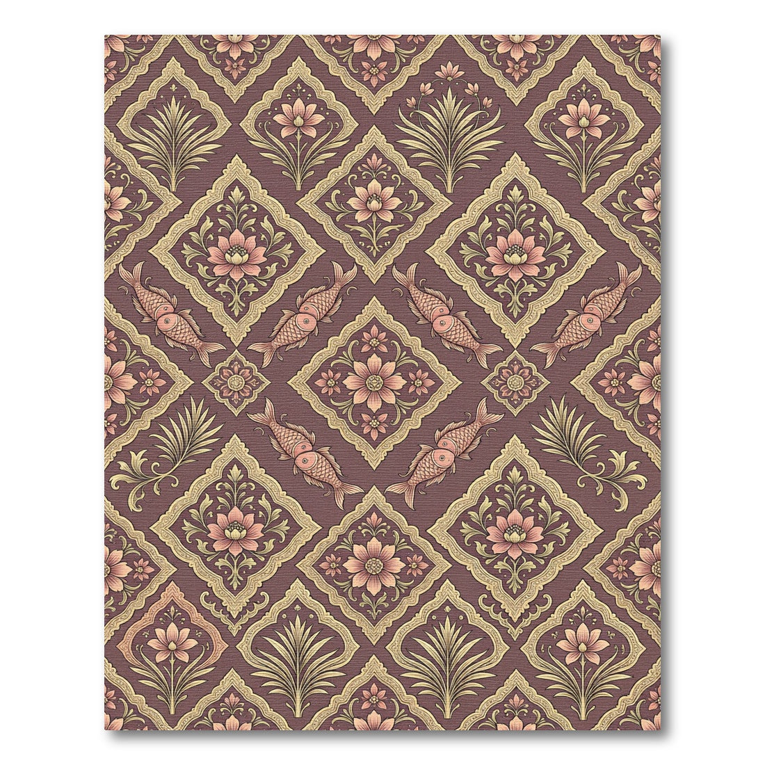Burgundy Pink Gold Fish Floral Medallion Rug