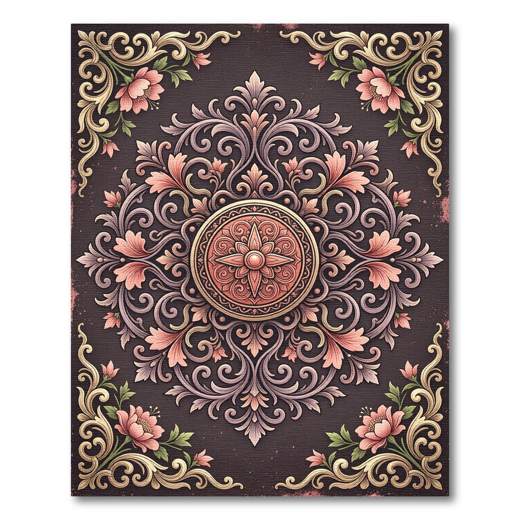 Damask Floral Scroll Medallion Rug
