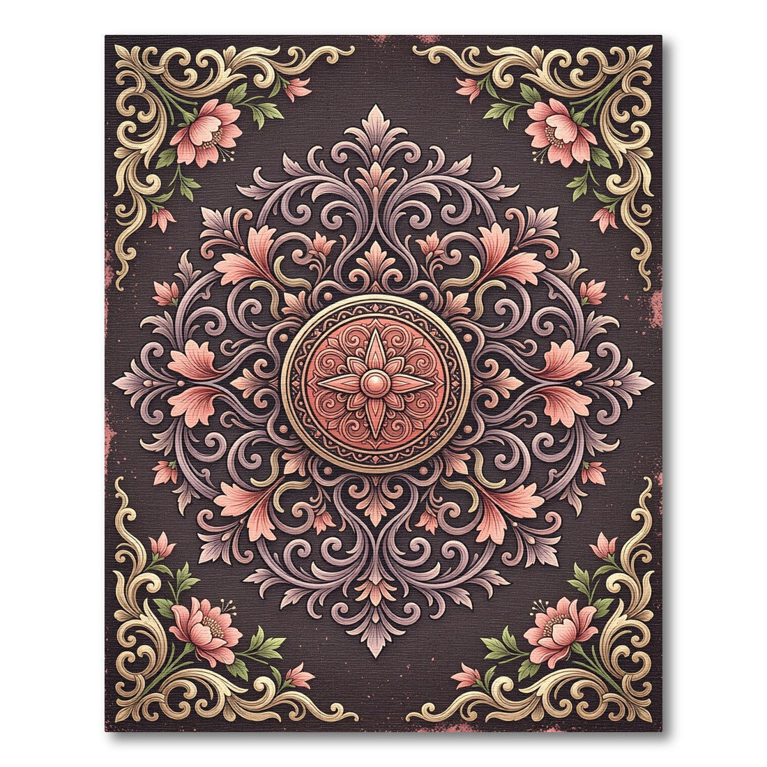 Damask Floral Scroll Medallion Rug