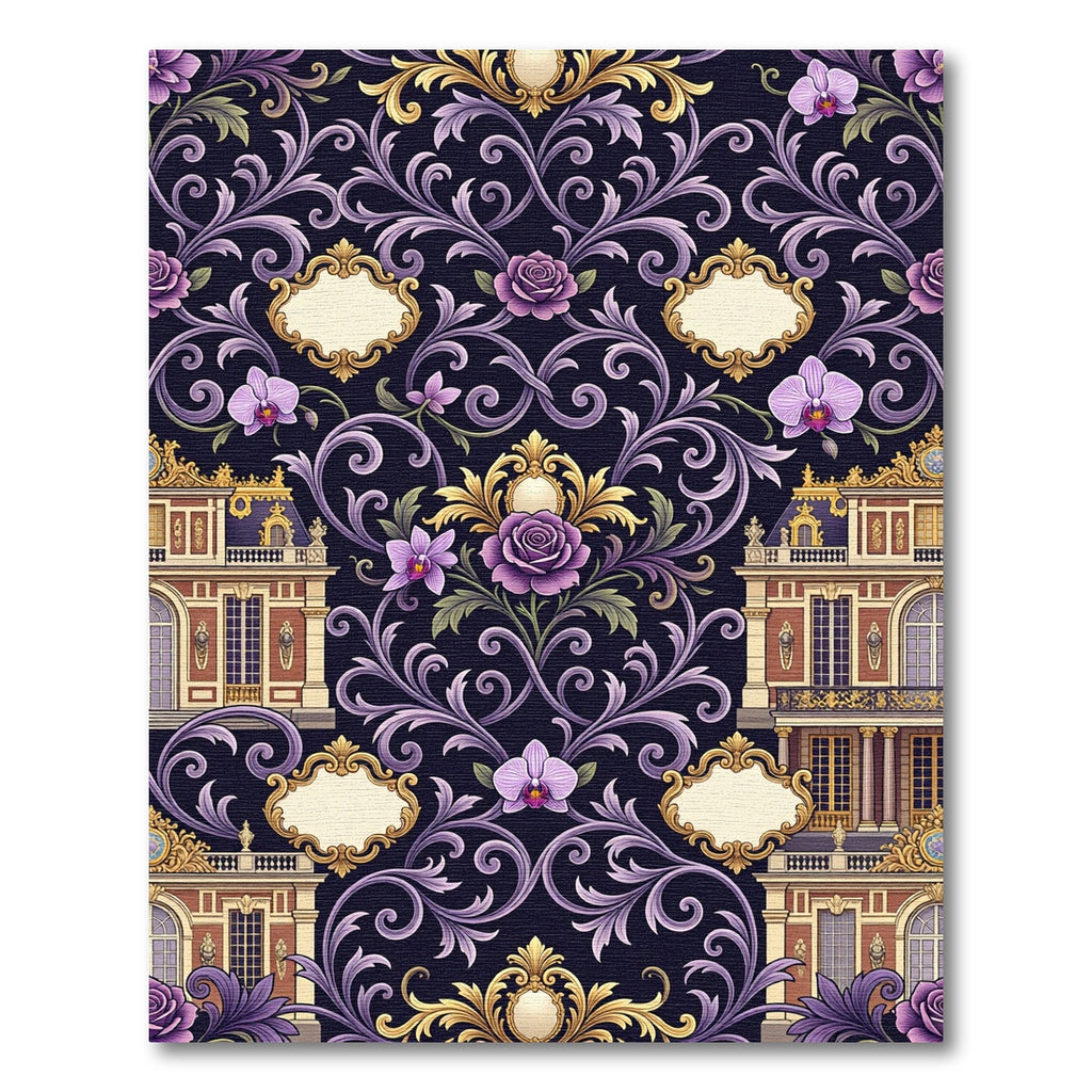 Ornate Gold Lavender Chateau Floral Scroll Rug