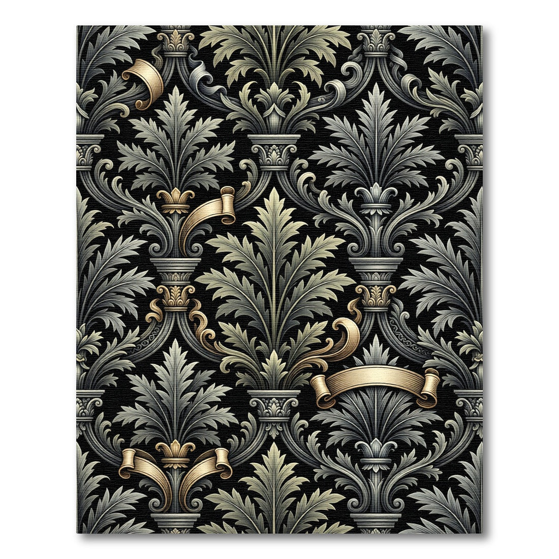 Ornate Charcoal Gold Acanthus Scroll Rug