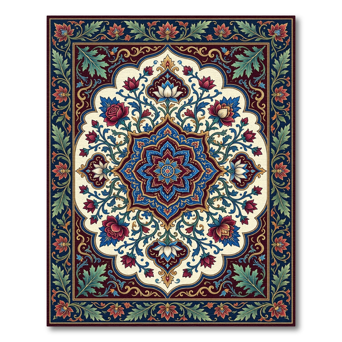 Ornate Crimson Floral Medallion with Teal Vines Rug