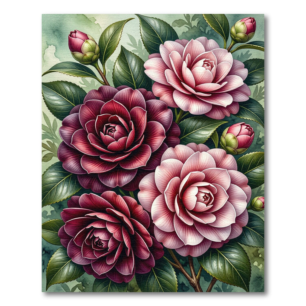 Crimson Pink Camellia Garden Watercolor Rug