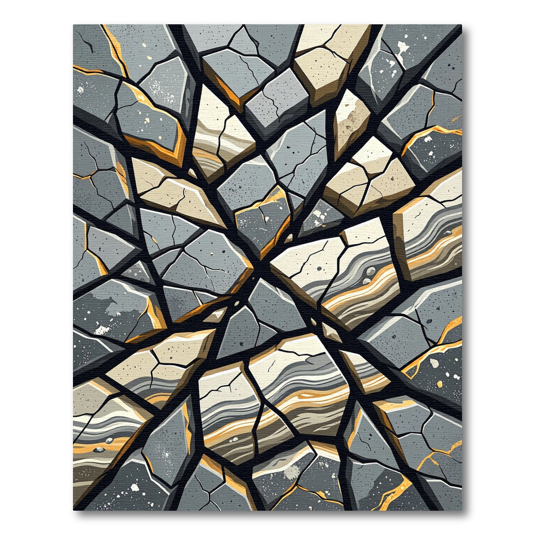 Abstract Cracked Gray and Gold Stone Rug