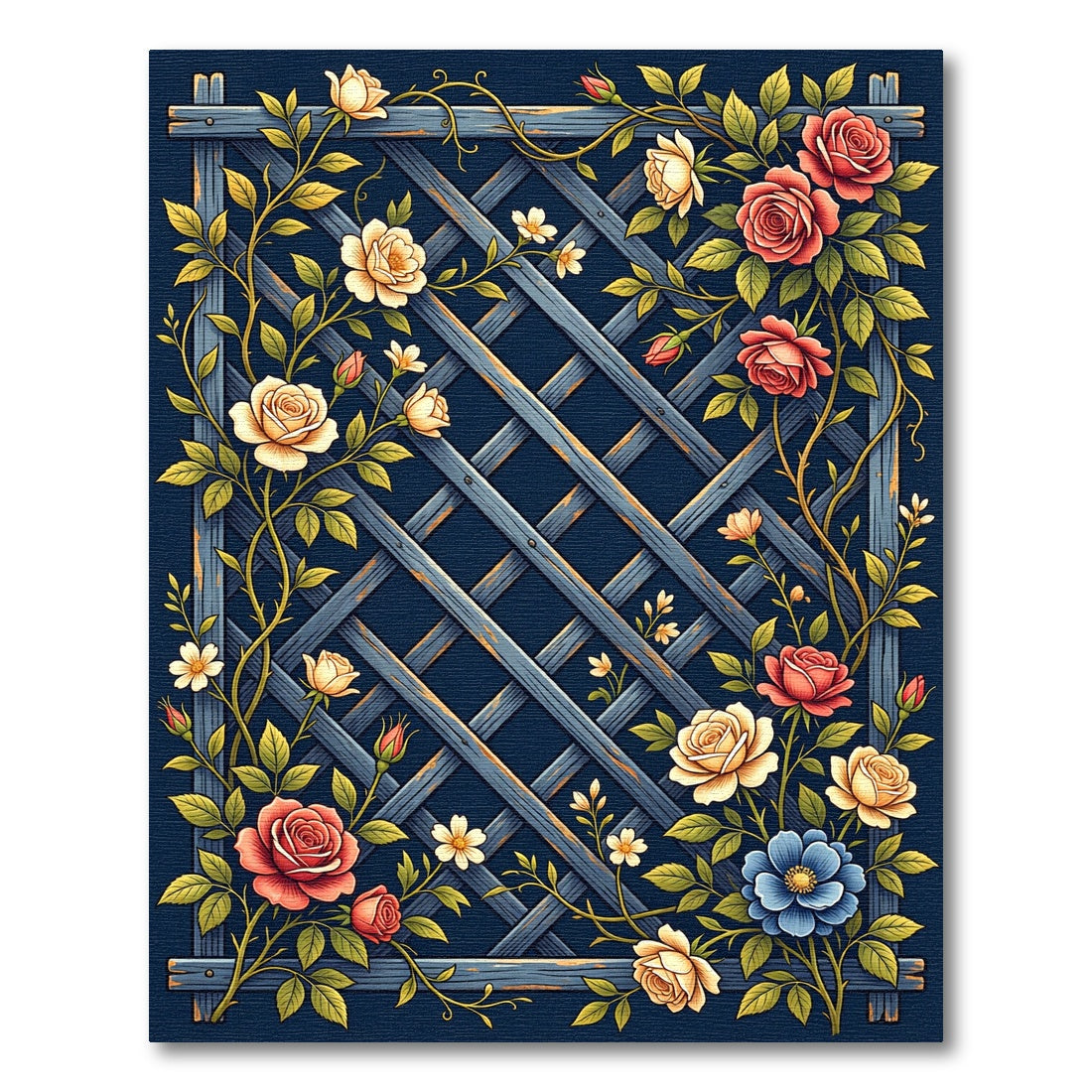 Vintage Rose Trellis Navy Lattice Rug