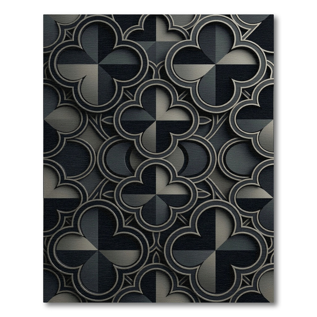Elegant Matte Black Quatrefoil Geometric Rug