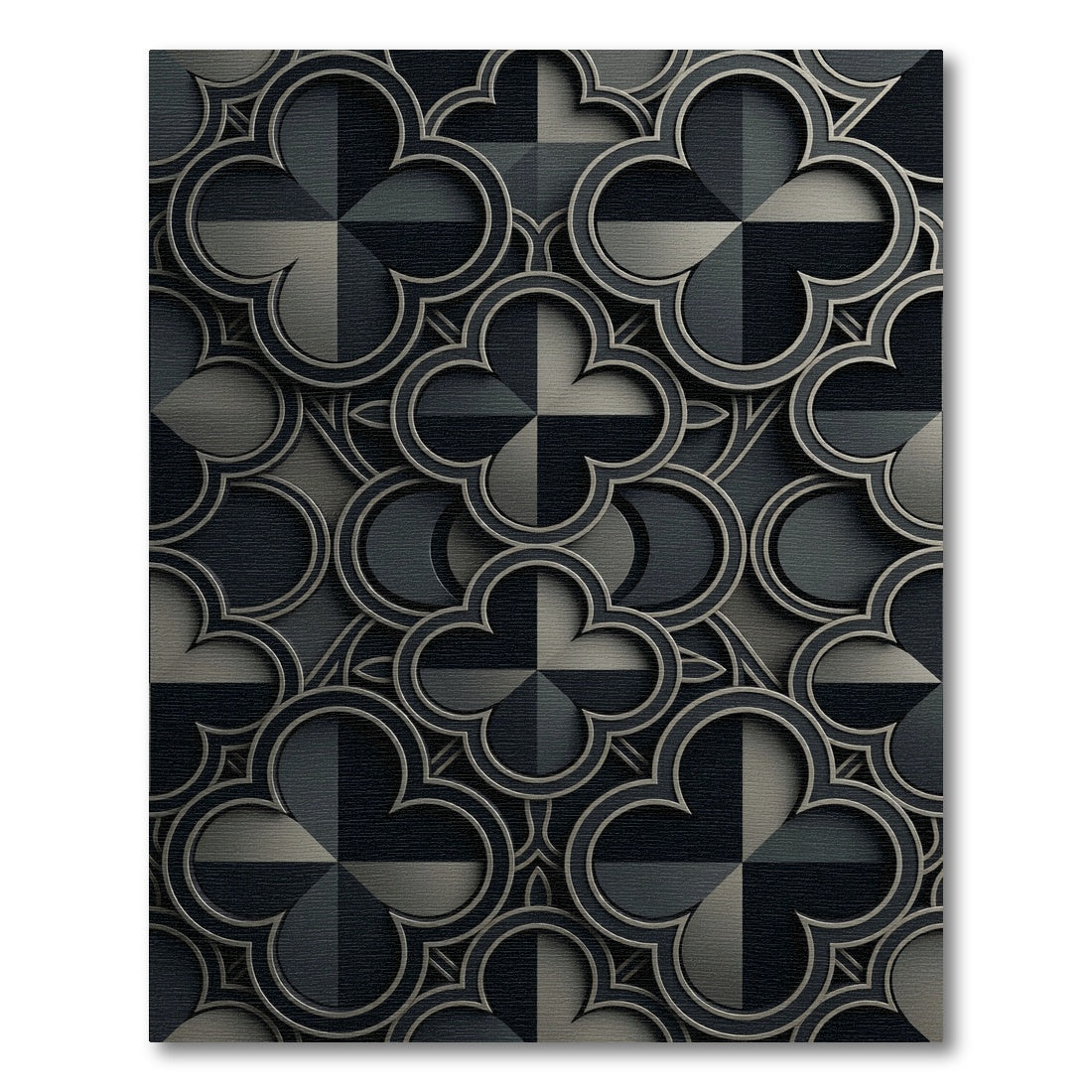 Elegant Matte Black Quatrefoil Geometric Rug
