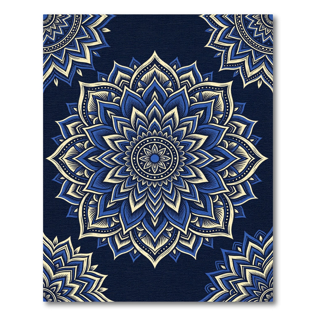 Deep Blue Cream Lotus Mandala Rug