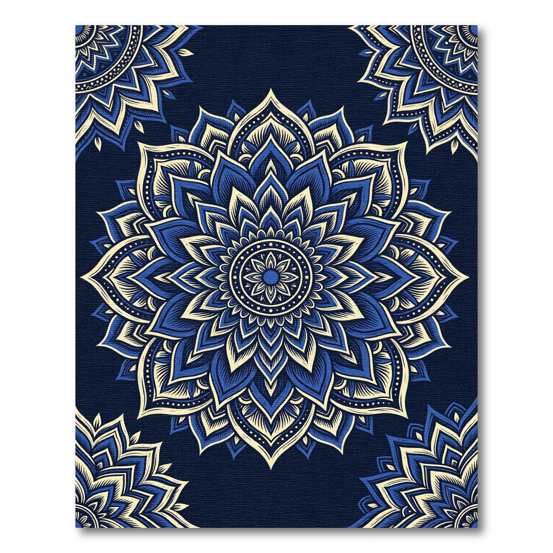 Deep Blue Cream Lotus Mandala Rug