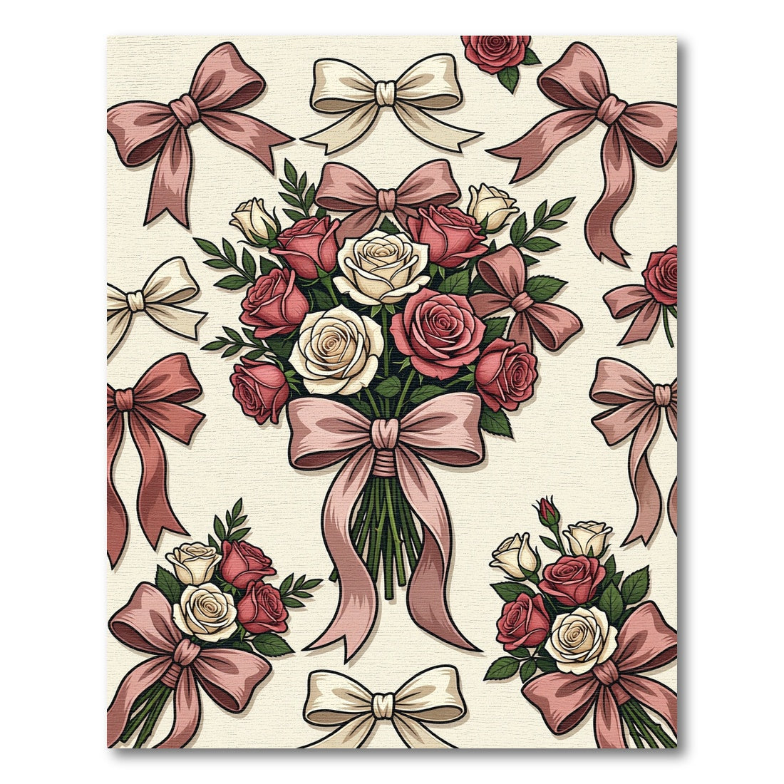 Romantic Pink Rose Bouquet Ribbon Illustration Rug