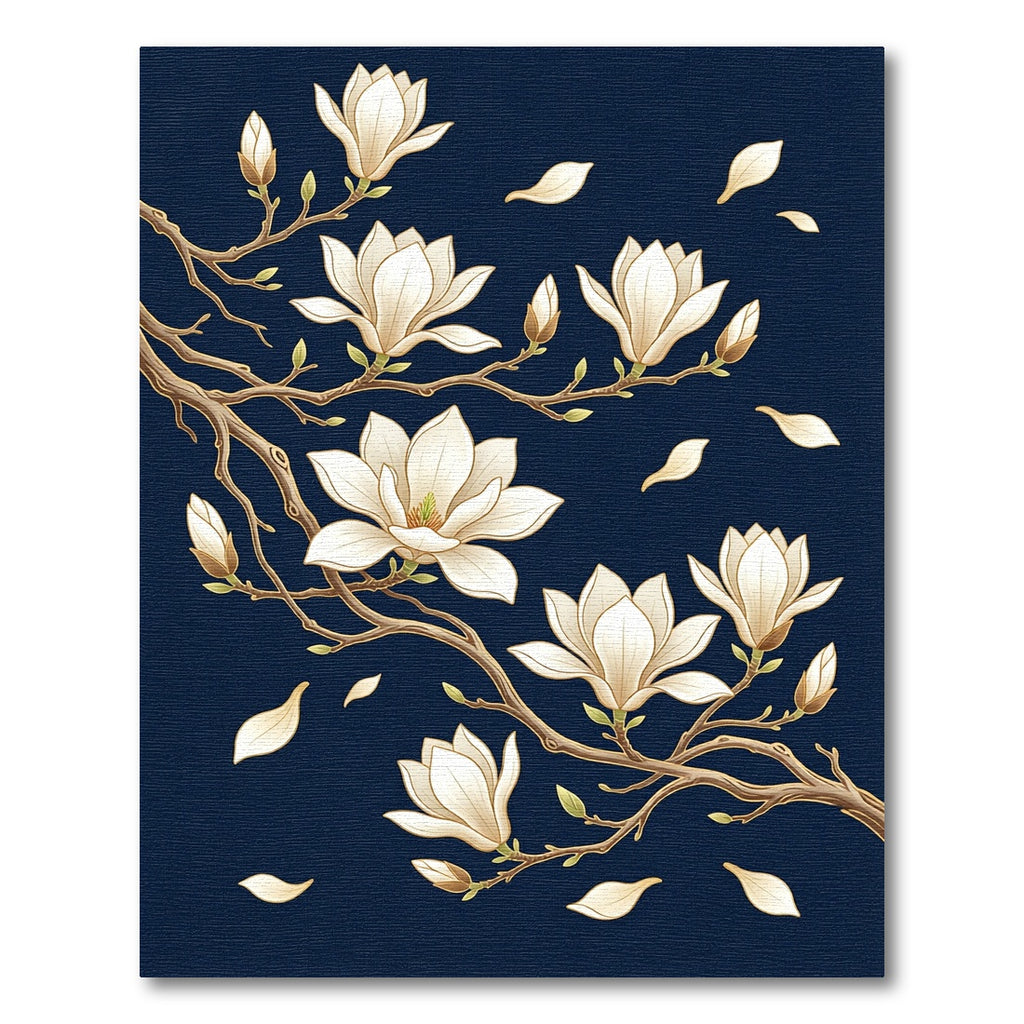 Elegant White Magnolia Branch Navy Background Rug