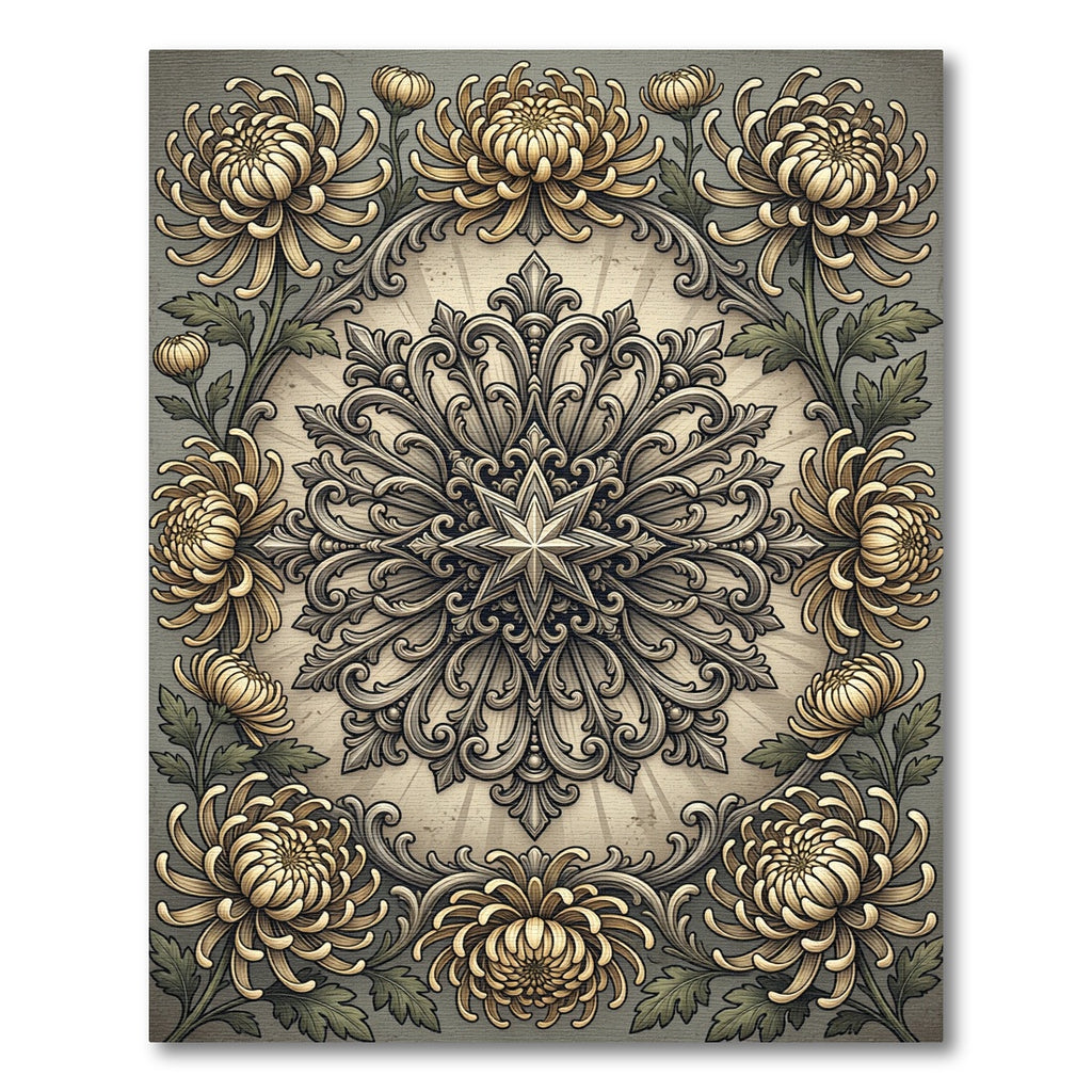 Elegant Golden Chrysanthemum Floral Medallion Rug