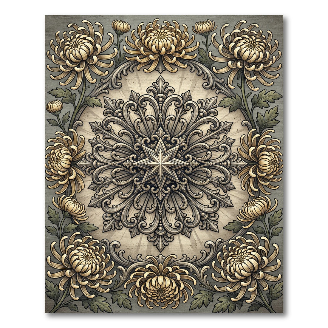 Elegant Golden Chrysanthemum Floral Medallion Rug