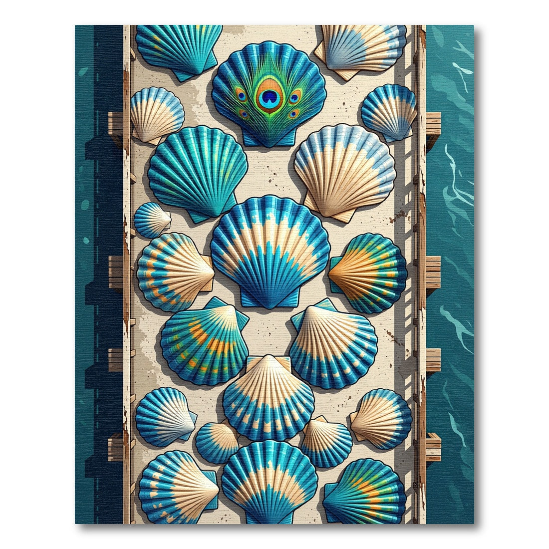Ocean Blue Seashell Peacock Arrangement Rug