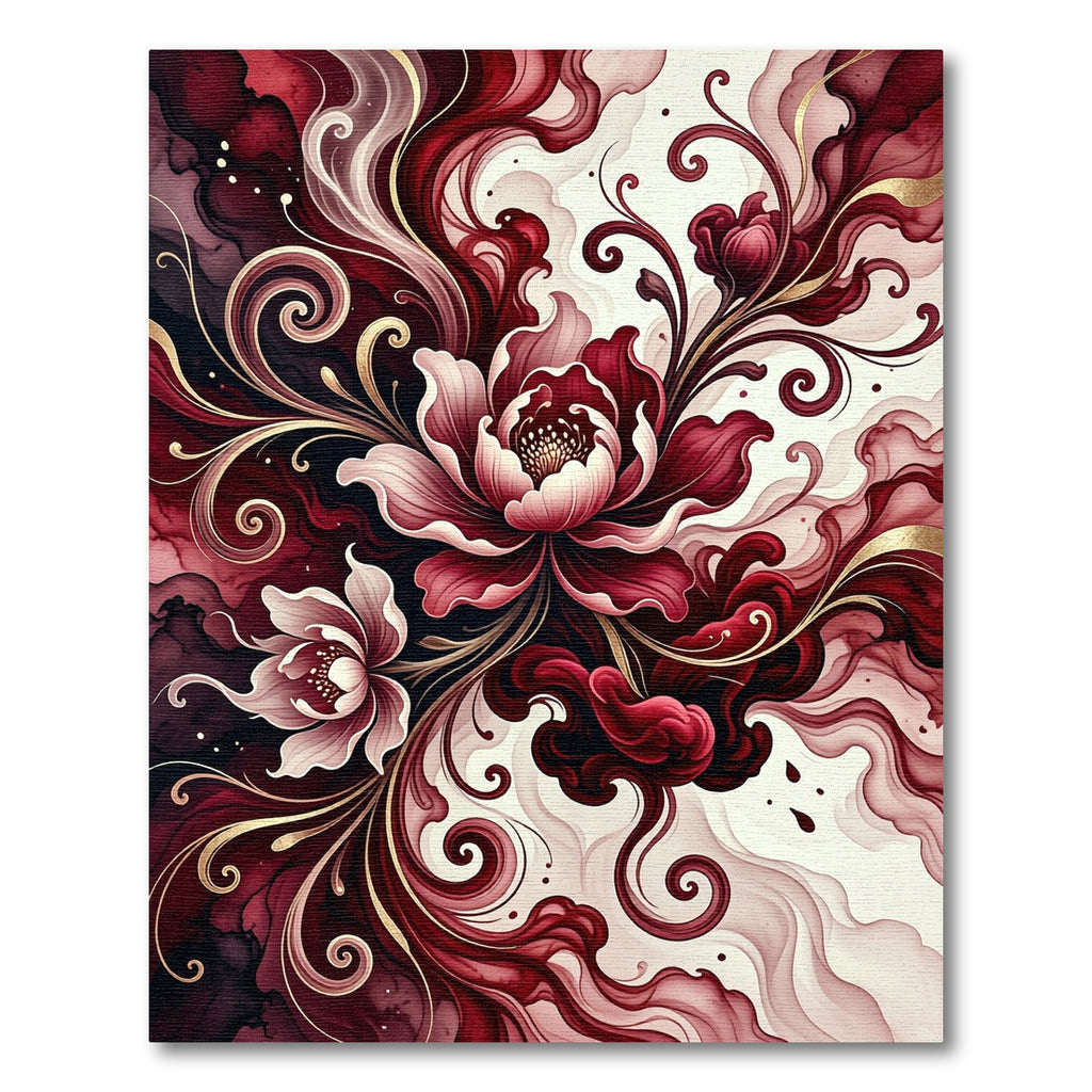 Crimson Floral Swirl Gold Accents Rug