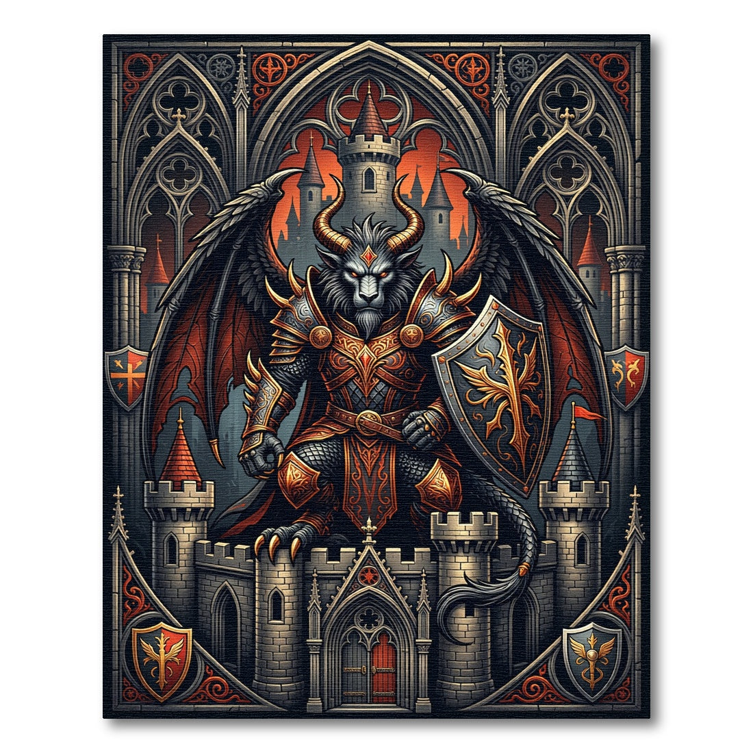 Dark Gothic Winged Demon Castle Mural Rug