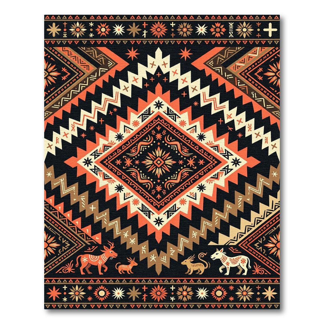 Bold Terracotta Aztec Geometric Wildlife Emblem Rug