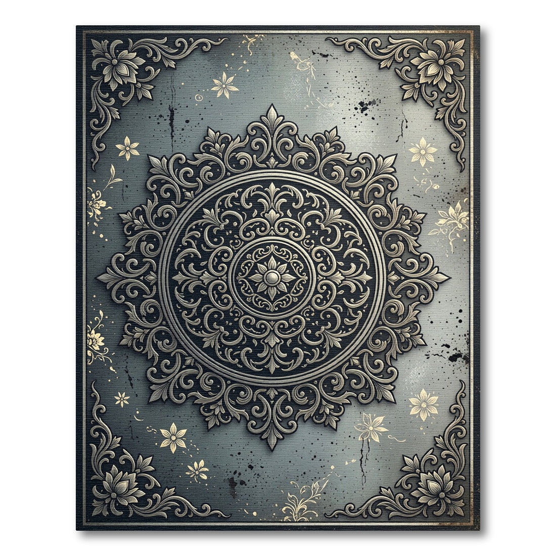 Silver Slate Ornate Floral Medallion Rug