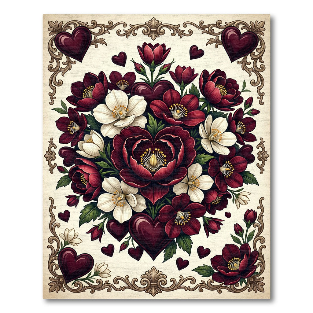 Crimson White Floral Heart Garland Rug
