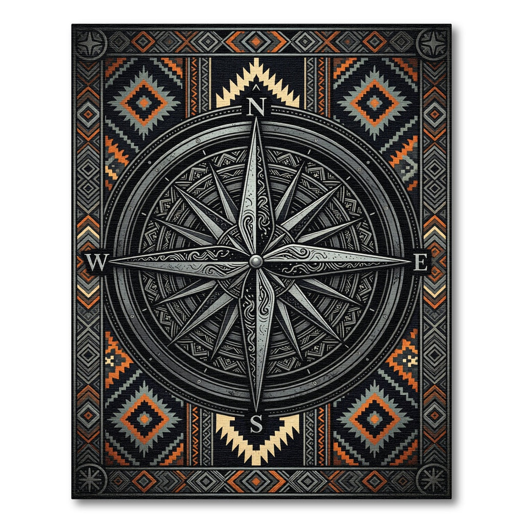 Geometric Compass Nautical Grey Orange Rug