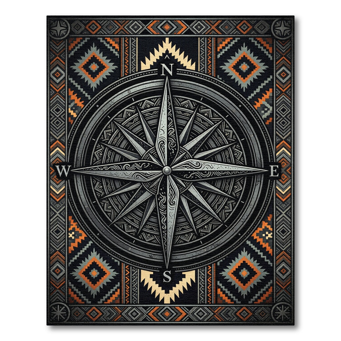 Geometric Compass Nautical Grey Orange Rug
