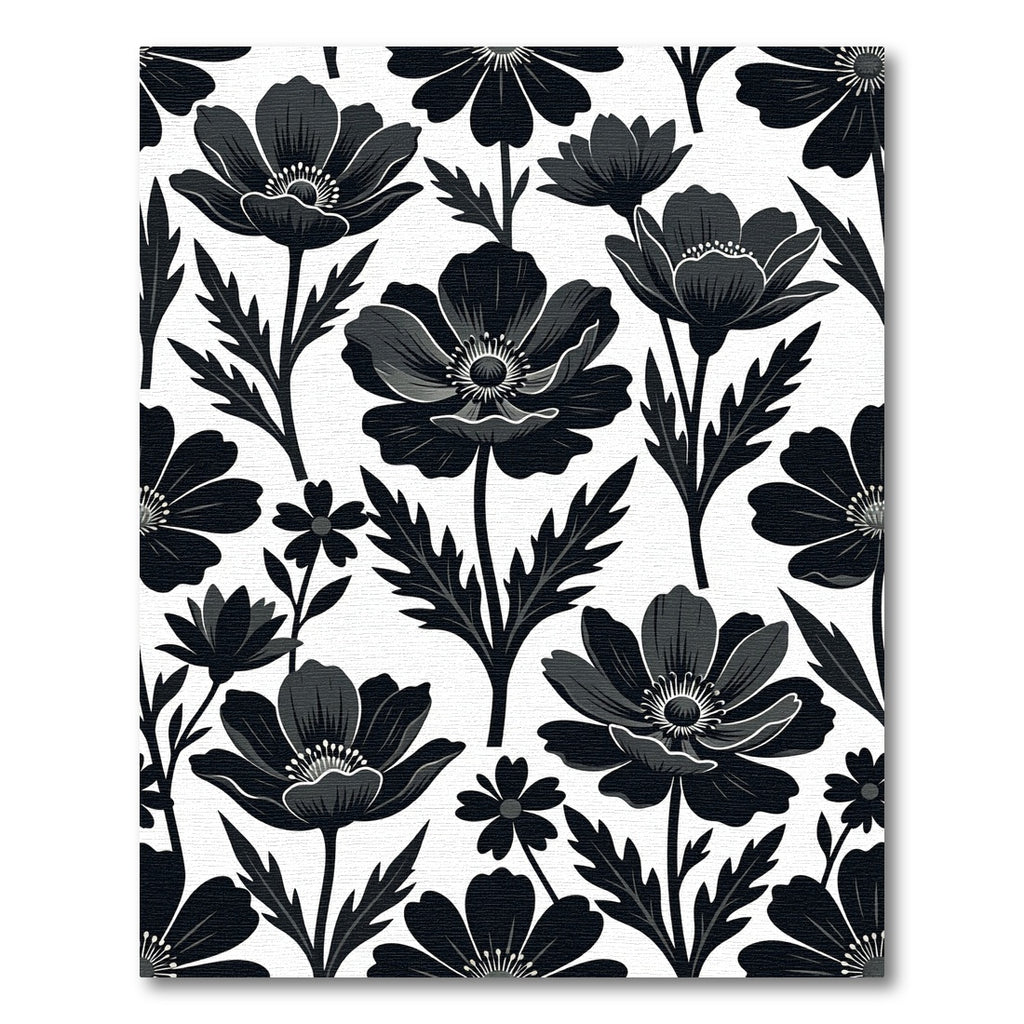 Sophisticated Monochrome Black Floral Botanical Rug