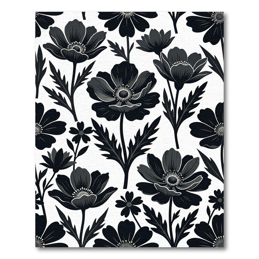 Sophisticated Monochrome Black Floral Botanical Rug