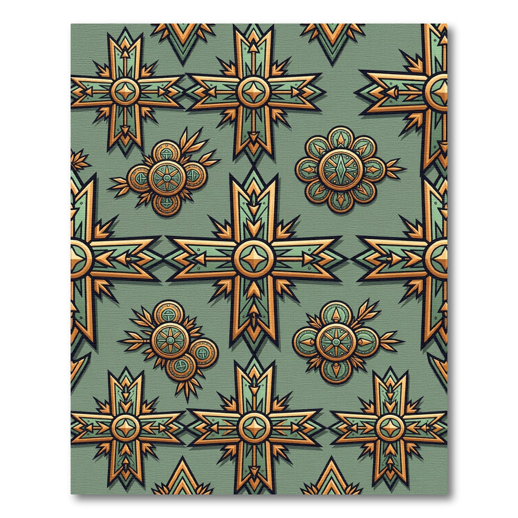 Sage Green Ornate Cross Geometric Tile Rug