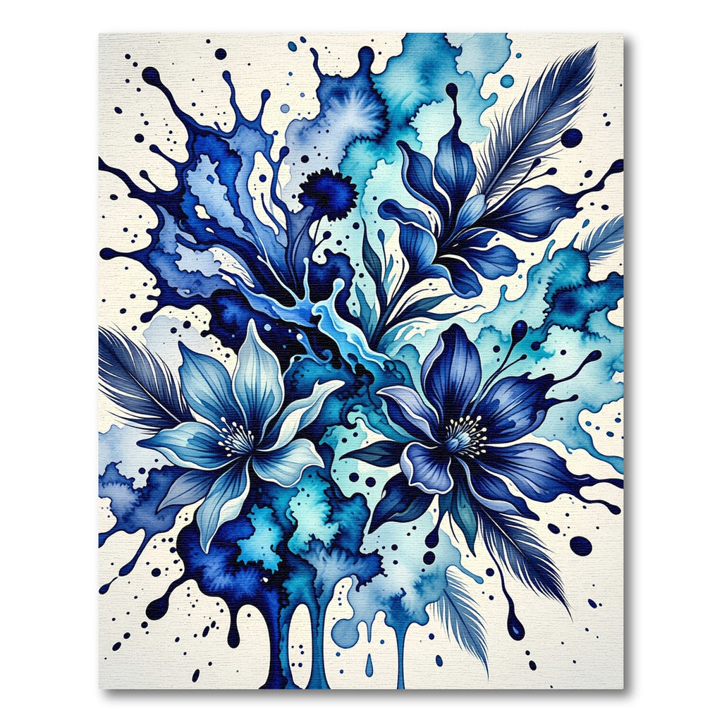 Deep Blue Watercolor Floral Feather Splash Rug