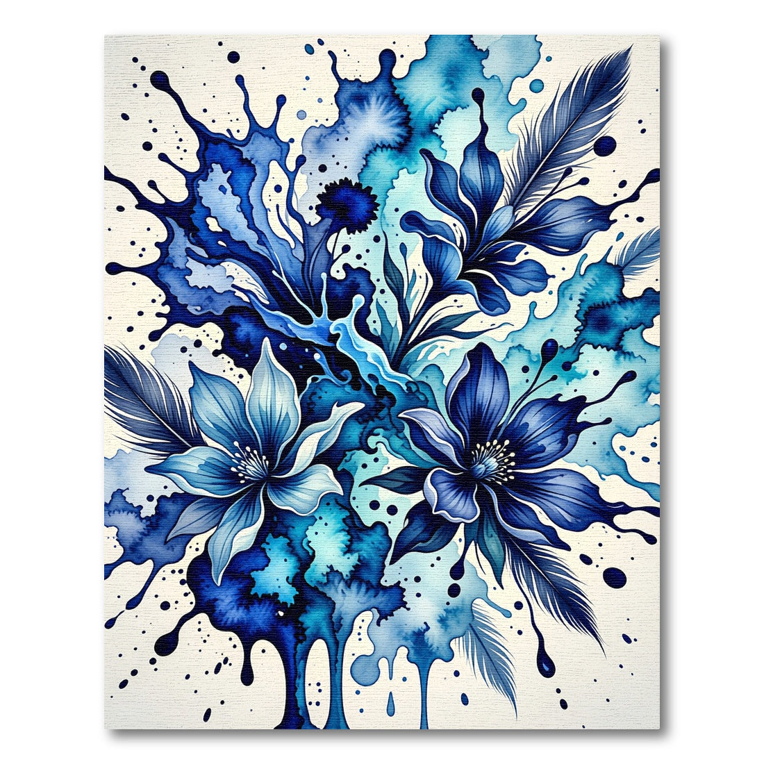 Deep Blue Watercolor Floral Feather Splash Rug