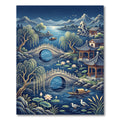 Serene Blue Landscape Willow Pagoda Bridge Rug