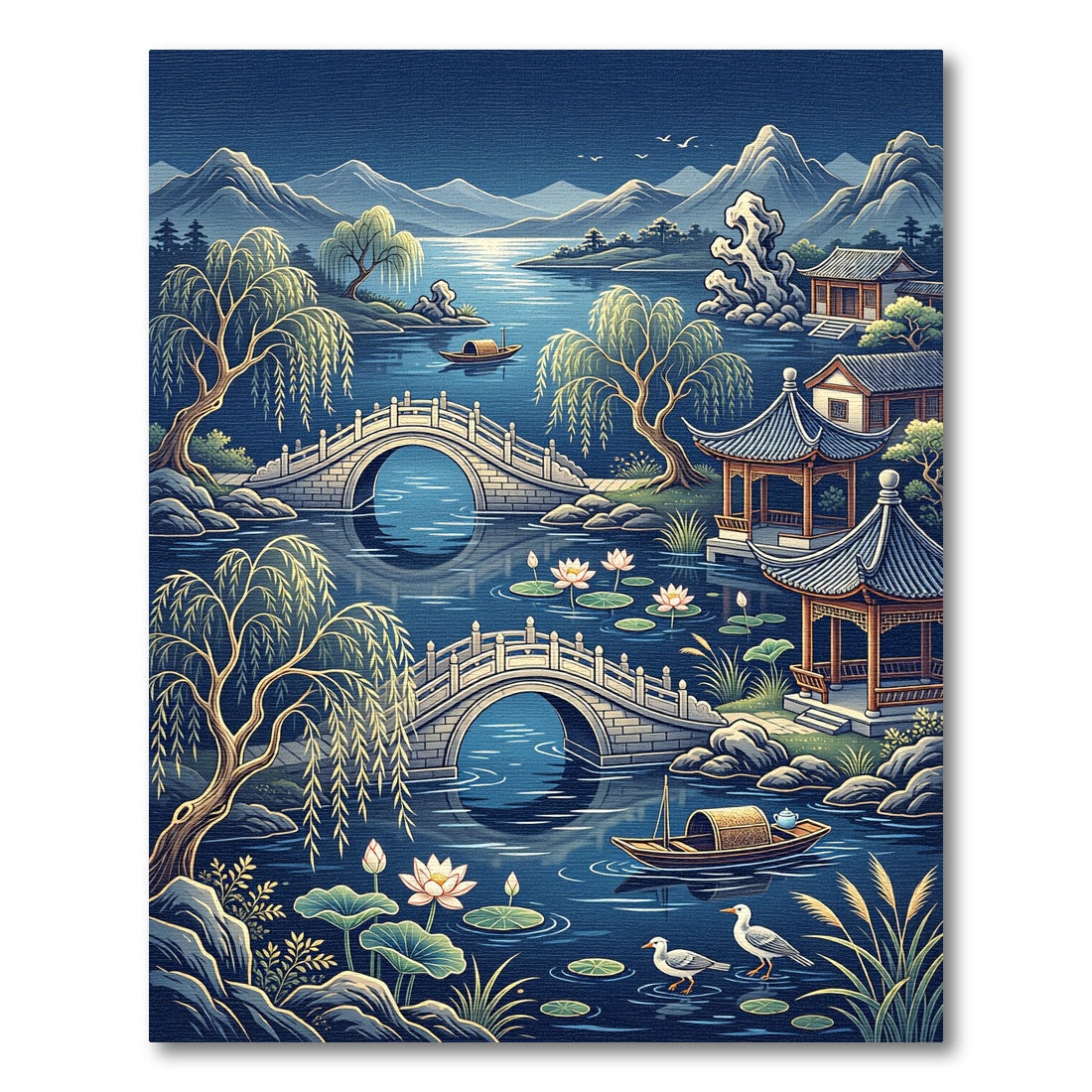 Serene Blue Landscape Willow Pagoda Bridge Rug