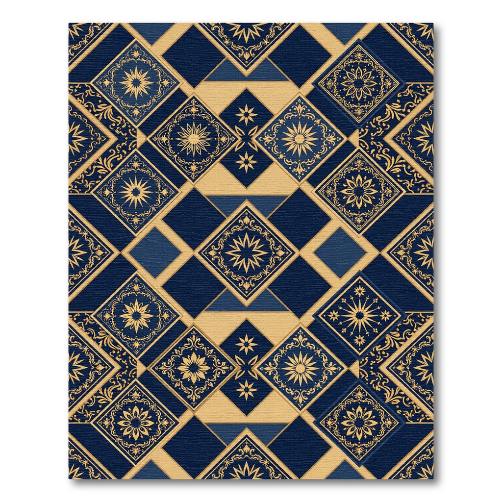 Deep Blue Gold Medallion Tile Arrangement Rug
