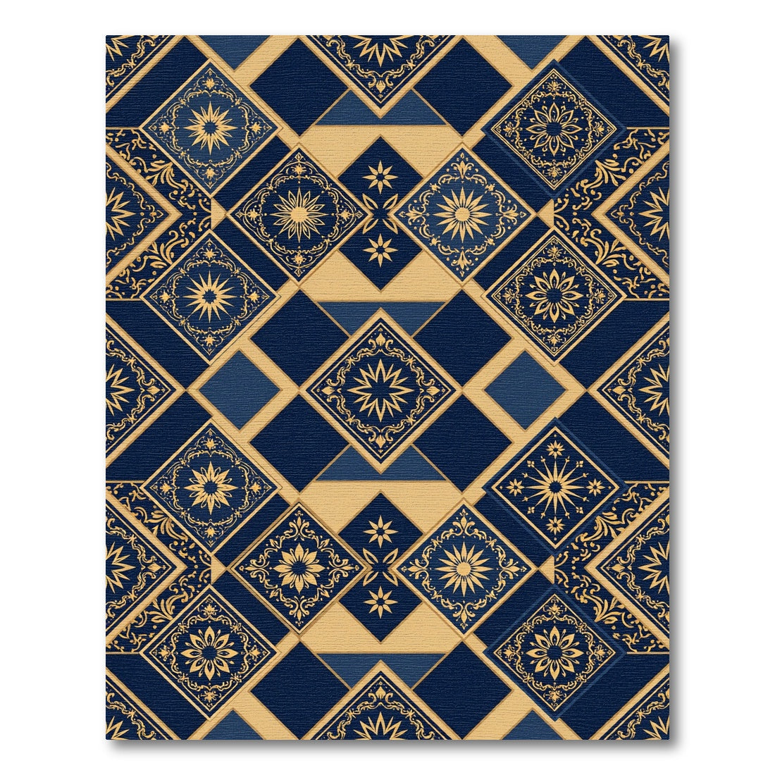 Deep Blue Gold Medallion Tile Arrangement Rug