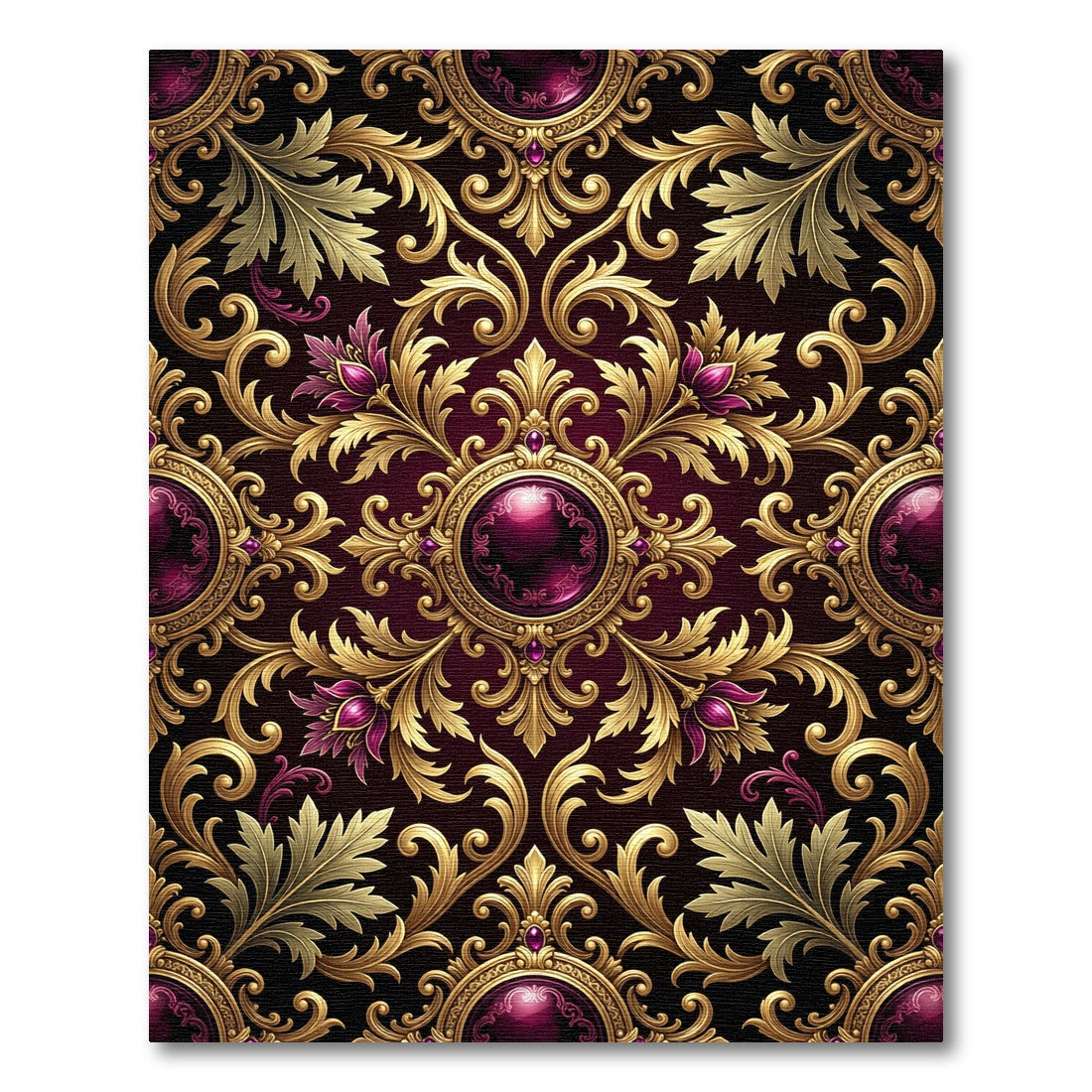 Ornate Gold Burgundy Floral Jeweled Medallion Rug