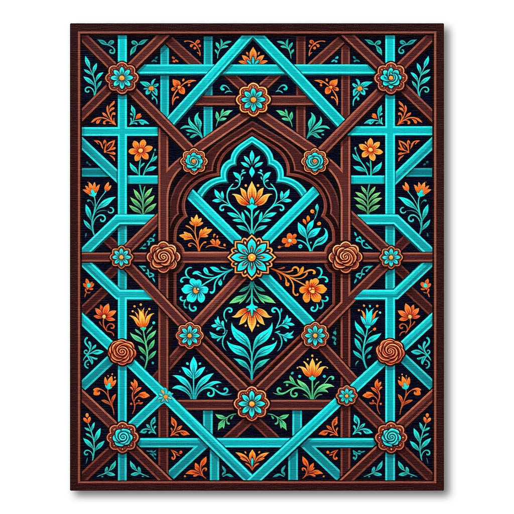 Teal and Copper Ornate Botanical Lattice Rug