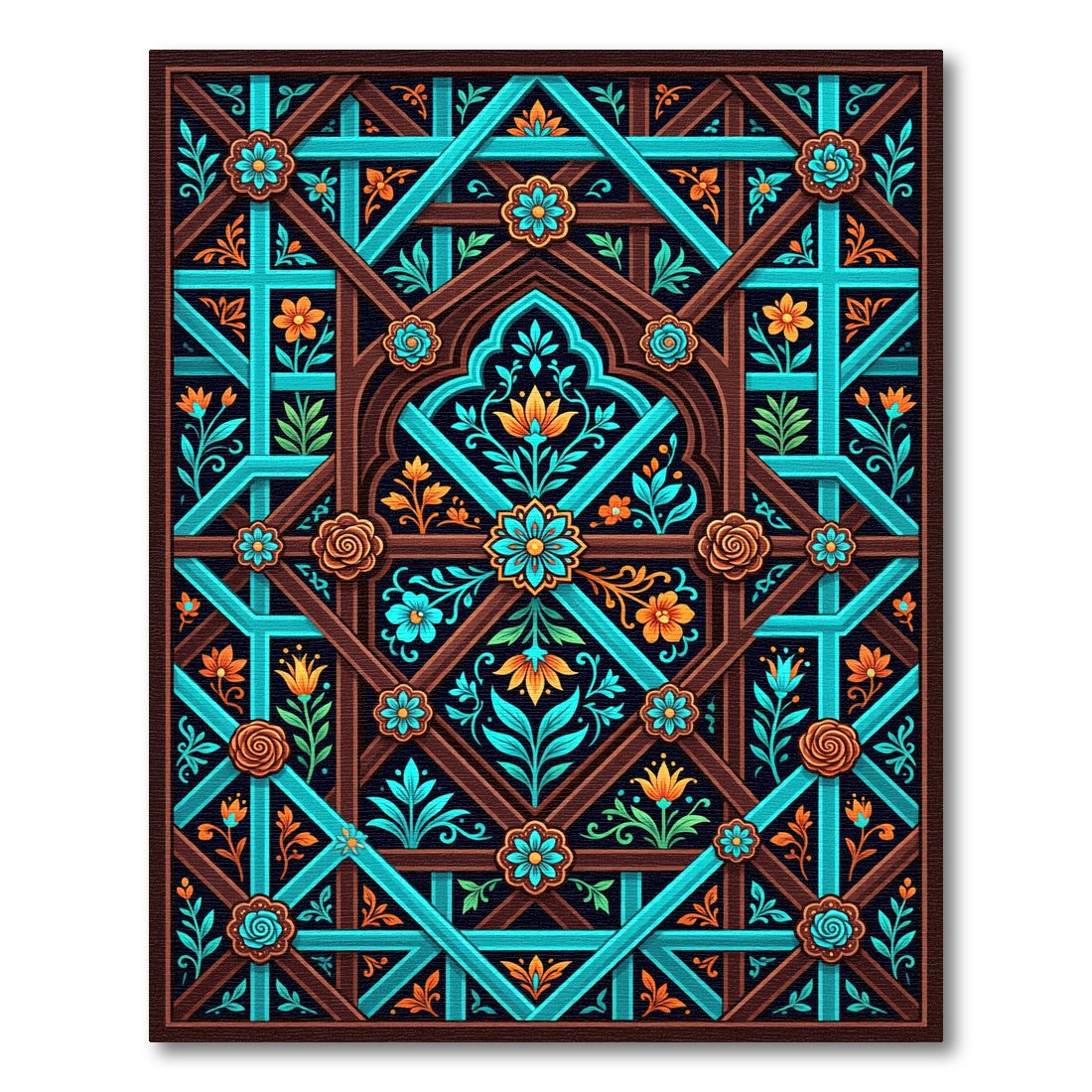 Teal and Copper Ornate Botanical Lattice Rug