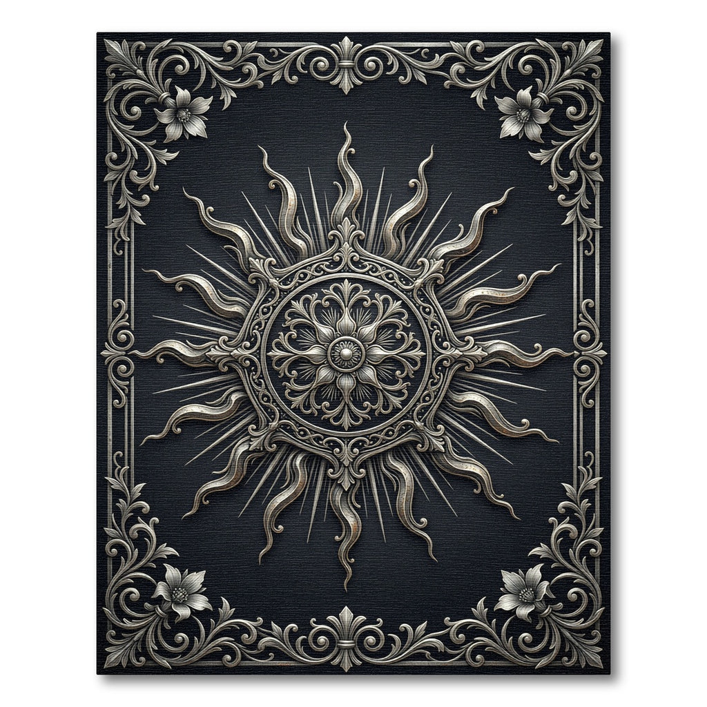 Ornate Silver Sun Filigree Border Rug