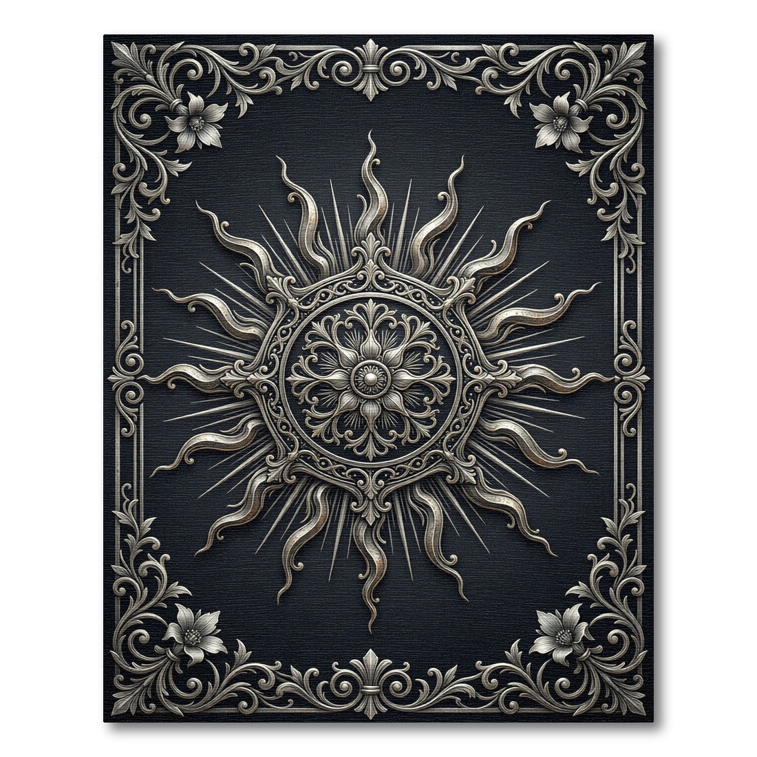 Ornate Silver Sun Filigree Border Rug