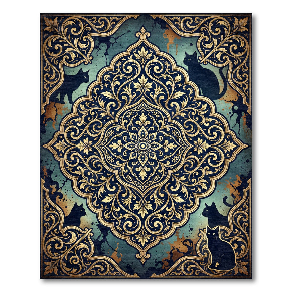 Ornate Gold Filigree Black Cat Medallion Rug