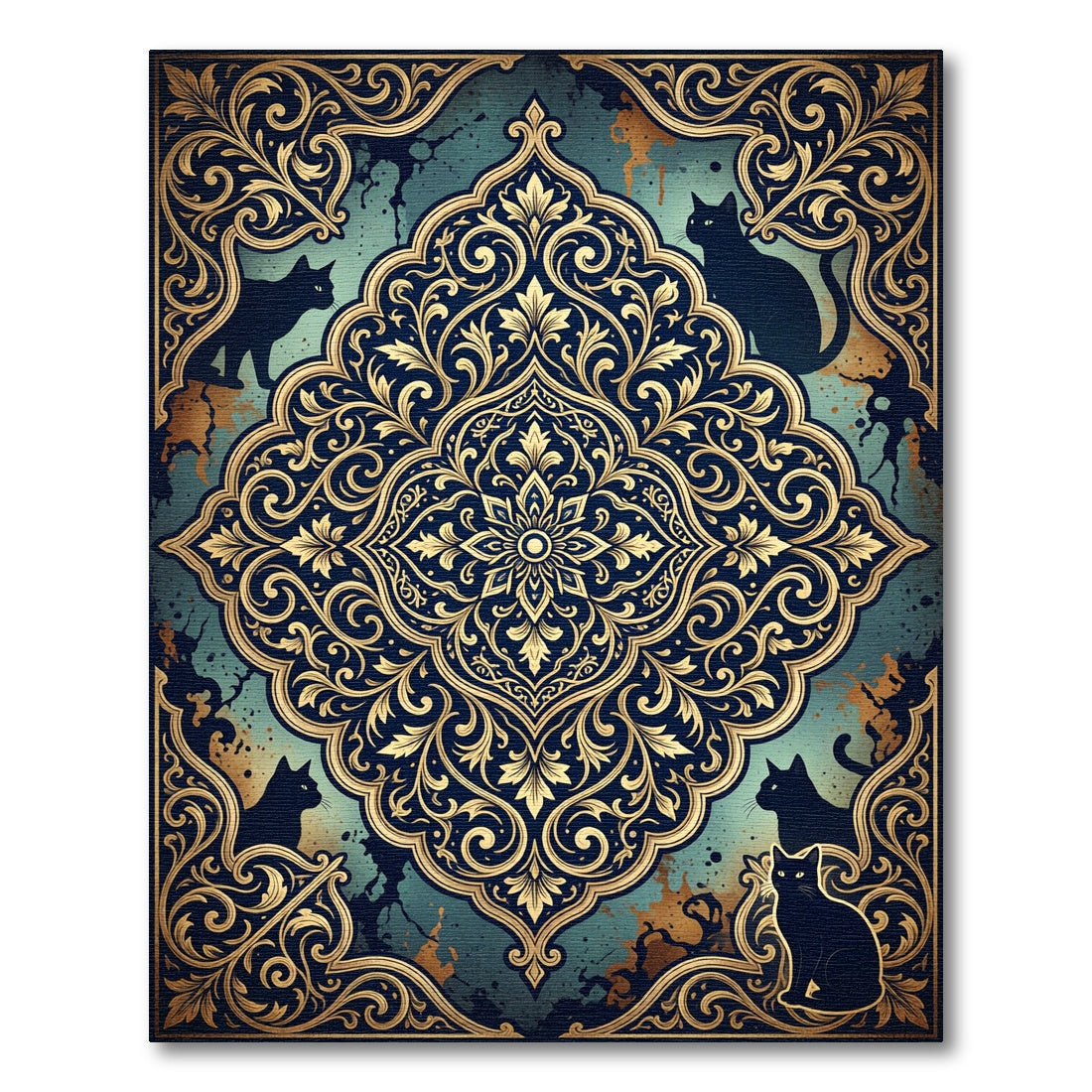 Ornate Gold Filigree Black Cat Medallion Rug