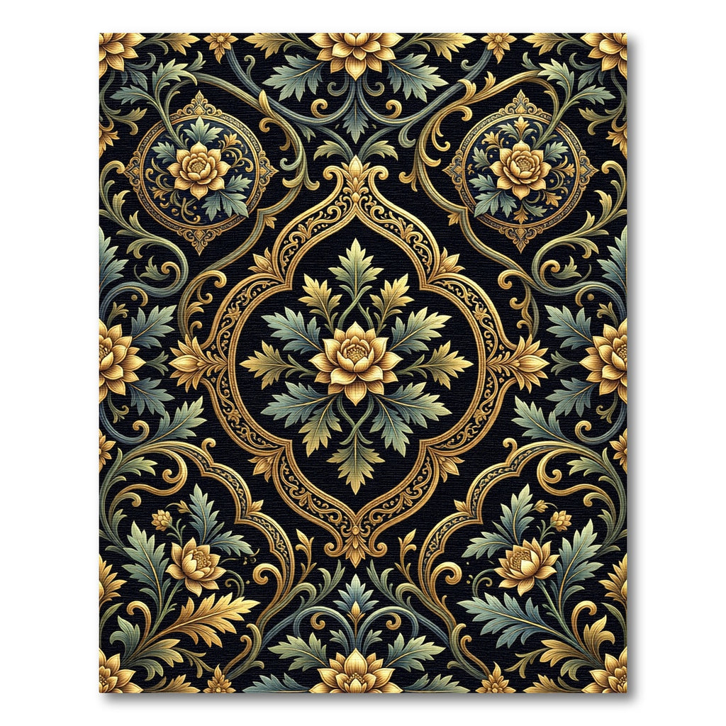 Gilded Black Floral Damask Scrollwork Rug